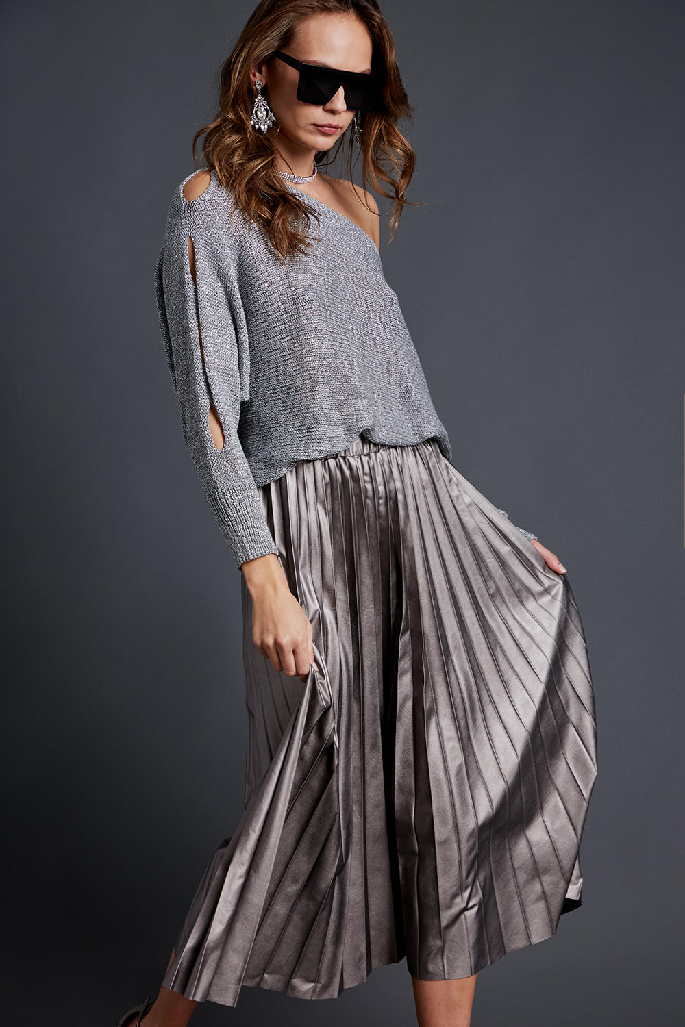 Silver grey pleated deals midi skirt