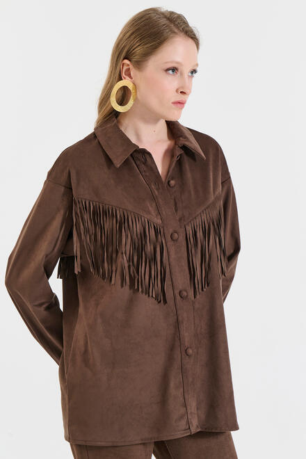 Suede-Feel Shirt with Fringes - Brown S/M