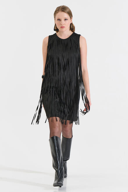 Fringed Dress in Suede Texture - Black L