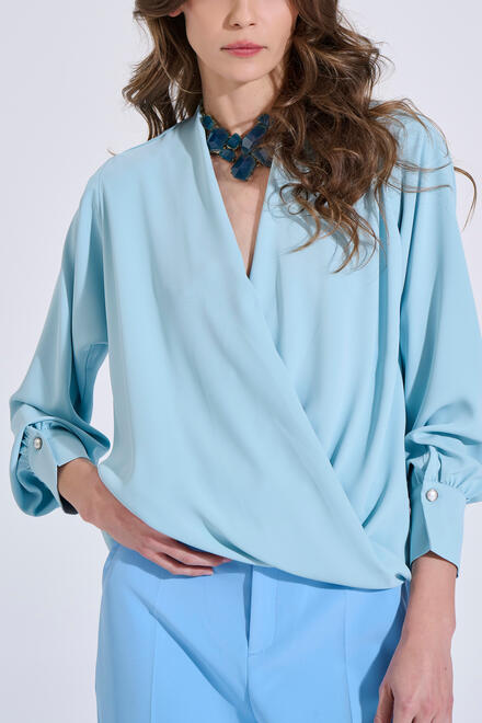 Wrap Blouse with Pearl Button & Back Pleat - Blue L