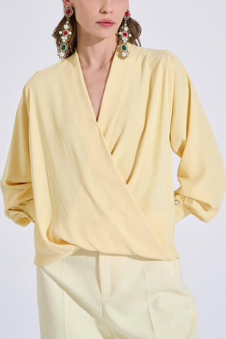 Wrap Blouse with Pearl Button & Back Pleat - Yellow L