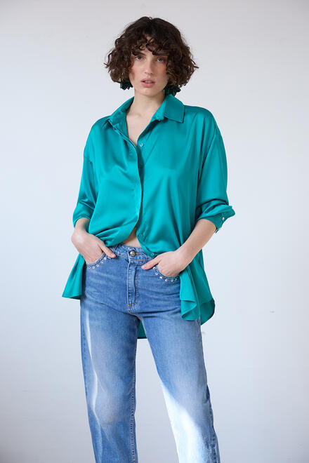 Oversized satin shirt - GREEN M/L