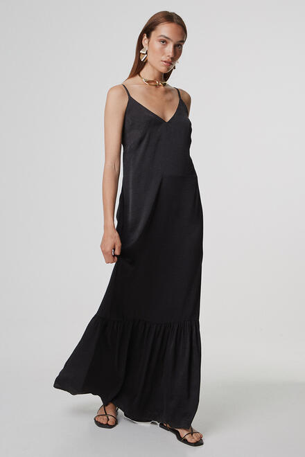 Maxi dress with frills - ΜΑΥΡΟ S