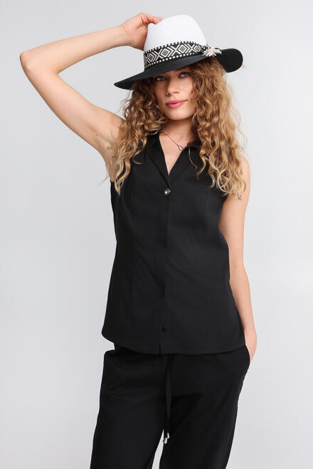 Sleeveless Shirt with Collar and Decorative Button - Black S