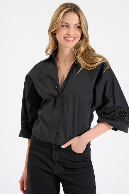 Cotton shirt with lace on the sleeves. - Black S