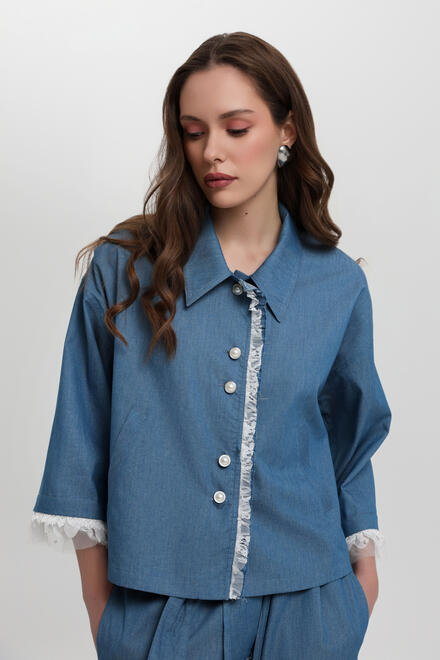 Denim Jacket with Lace and Pearl Buttons - Blue S