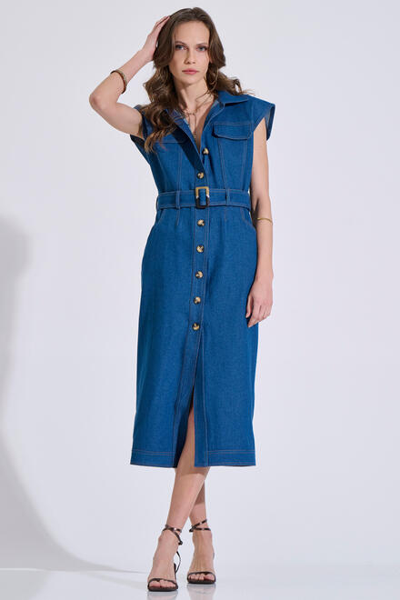 Cotton denim dress with belt & pockets - Blue S
