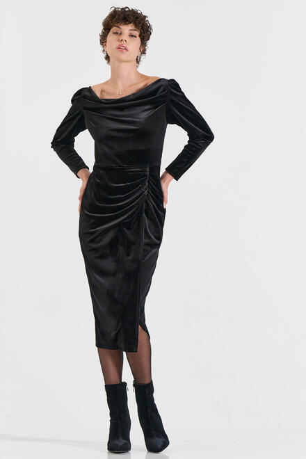 Velvet Midi Dress with Draped Neckline & Side Ruching - Black XL