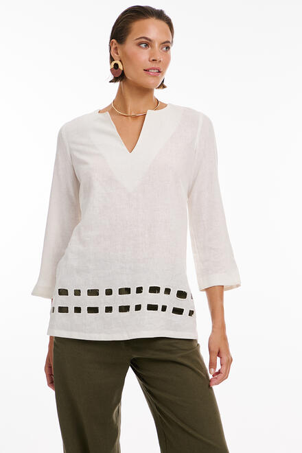 Linen blouse with perforated pattern - White S