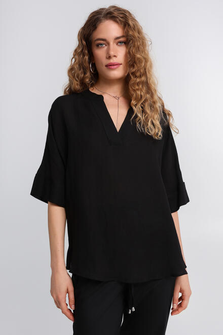Linen Top with Open Neckline & Short Sleeves - Black S/M