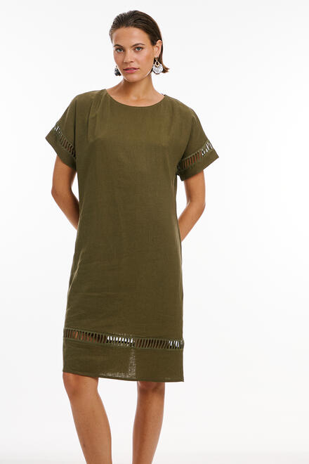 Linen dress with perforated pattern - Chaki S