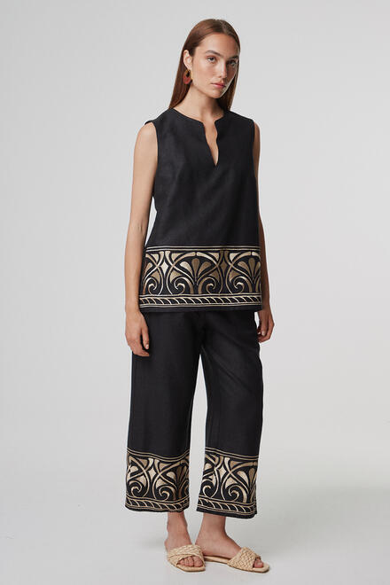 Linen pants with gold embroidery - Black S/M