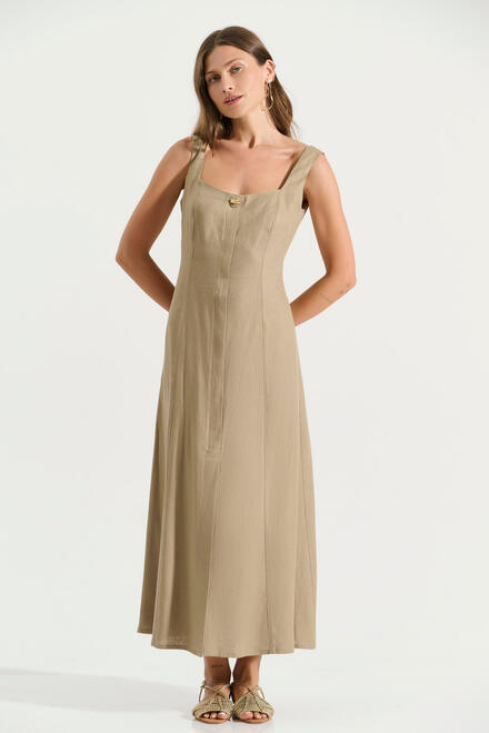 Linen midi dress with straps and a side slit. - TAUPE S