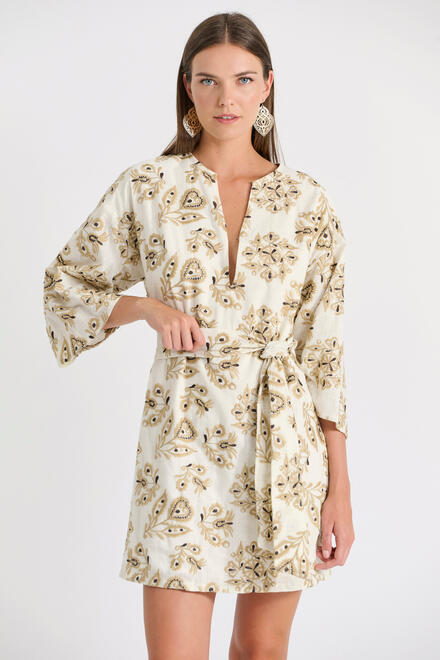 Cotton dress with belt and embroidery - Beige S
