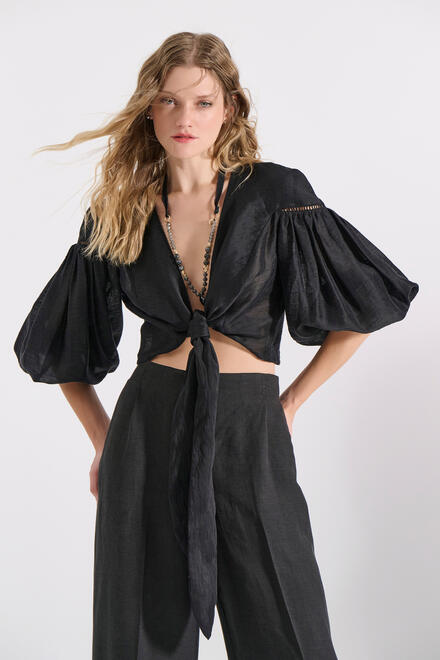 Wrap Blouse with Puff Sleeves - ΜΑΥΡΟ S/M