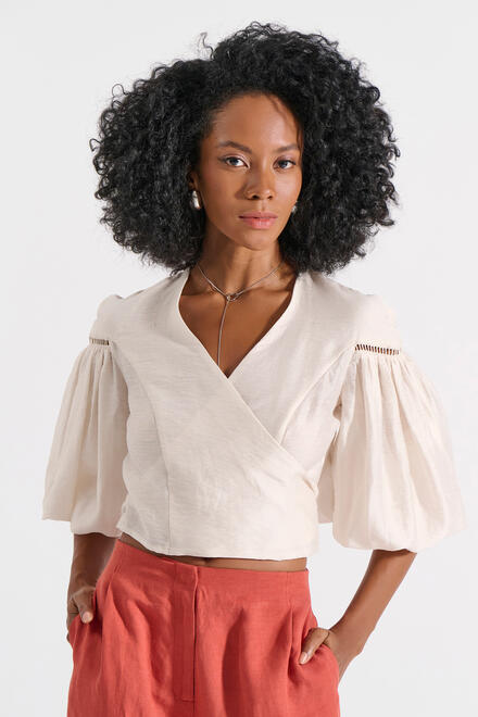 Wrap Blouse with Puff Sleeves - ΜΠΕΖ S/M