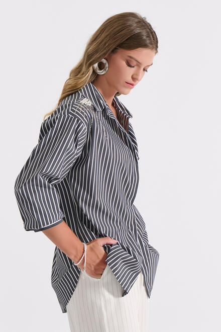 Striped Shirt with Shoulder Jewels - Black S/M