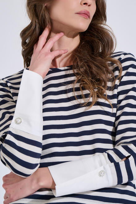 Cotton Breton Top with Poplin Cuffs & Decorative Button - Blue L