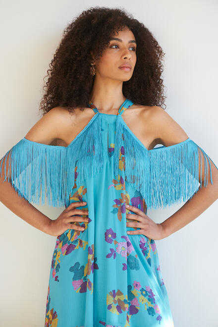 Floral dress with halter neckline and fringes - LIGHT BLUE S/M