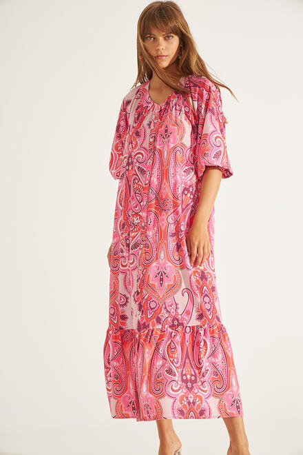 Printed dress with balloon sleeves - CORAL S/M