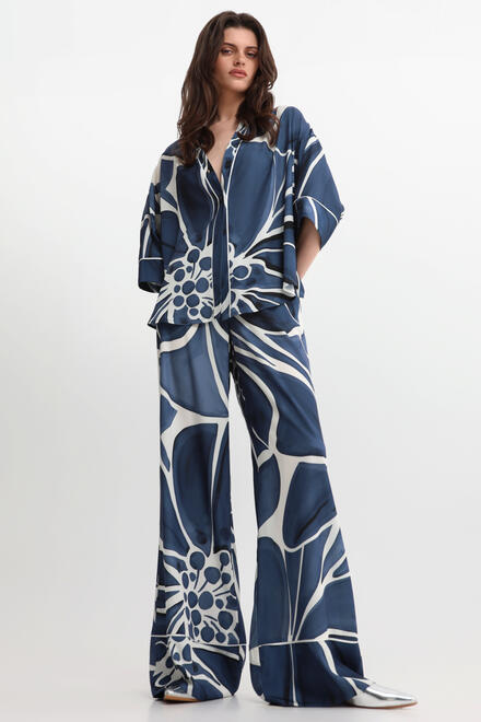 Satin Wide-Leg Trousers with Pattern - Blue/White - Blue S