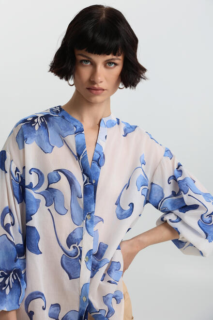 Shirt cotton  with Painted Florals - Blue S