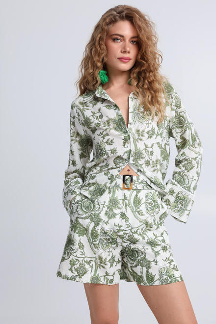 Cotton Floral Print Shorts with Belt - GREEN S