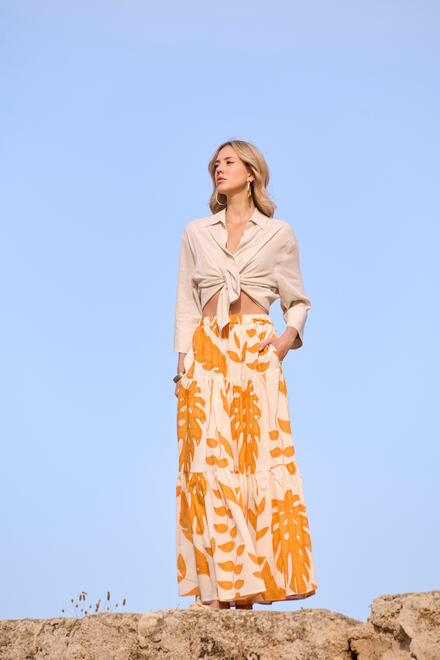 Long Cotton Skirt with Embroidered Tropical Motifs - Orange S/M
