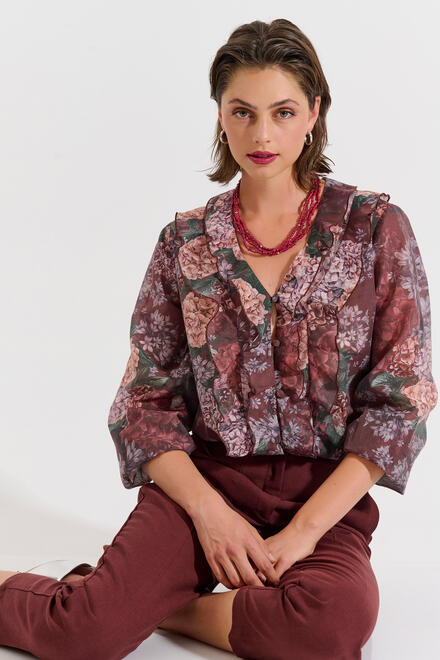 Printed Top with Ruffles - Burgundy XL