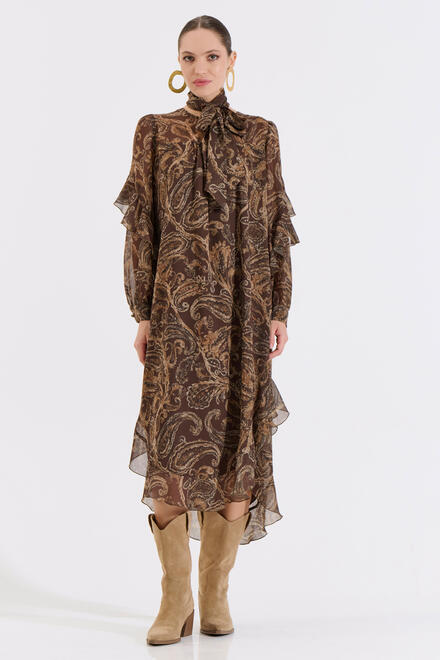 Long Printed Dress with Ruffles - Brown M