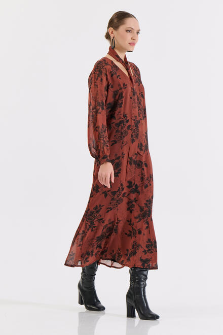 Long Printed Dress with Belt - Brown XL