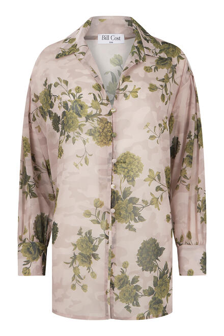Printed shirt with V-neck and fabric-covered buttons - Beige S/M