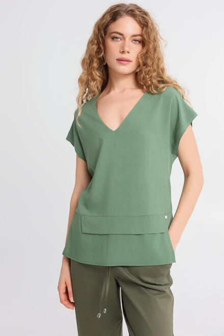 V-Neck Top with Asymmetric Hem - Chaki S