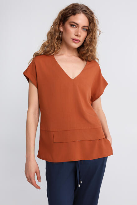 V-Neck Top with Asymmetric Hem - Brown S