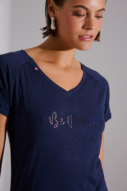 Cotton T-shirt with rhinestones - Blue L