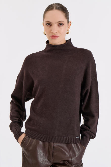 Knitted Blouse with Stand Collar - Brown O/S