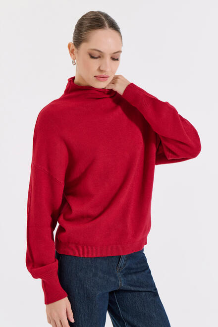 Knitted Blouse with Stand Collar - Red O/S