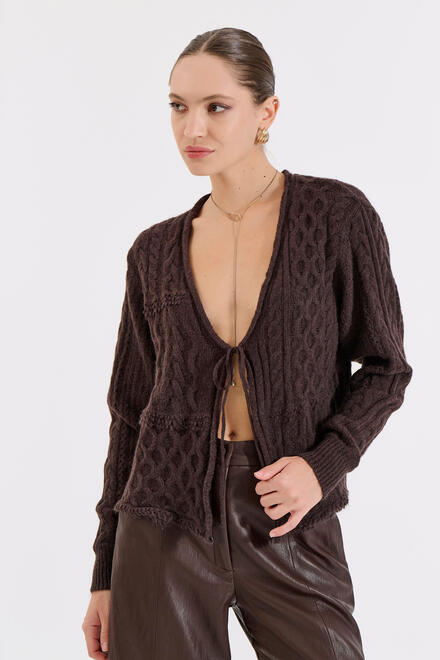 Knitted Cardigan with Front Tie - Brown O/S