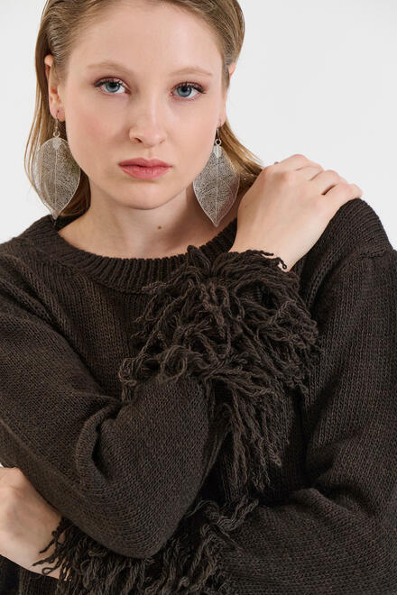 Knitted Sweater with Fringed Sleeves - Brown O/S