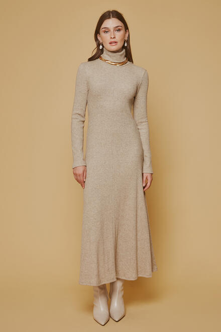 Knitted ripped turtleneck dress - Beige S