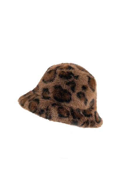 Bucket Hat in Faux Fur Leopard Print - Brown O/S