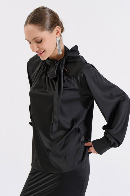 Satin Blouse with Bow Tie Neckline - Black XL