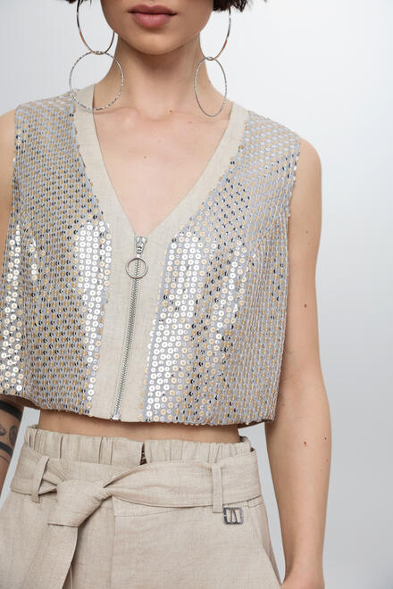 Sleeveless sequin top with front zip ΕΖΖΕΑ - Beige S