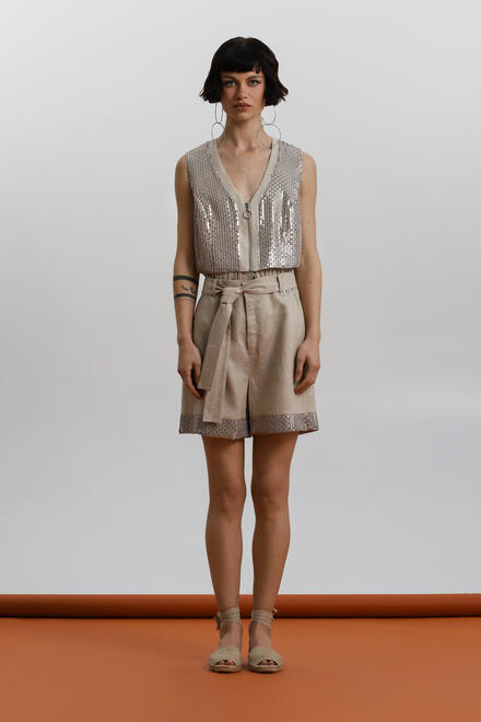 Tailored linen shorts with belt and lurex detail - Beige S