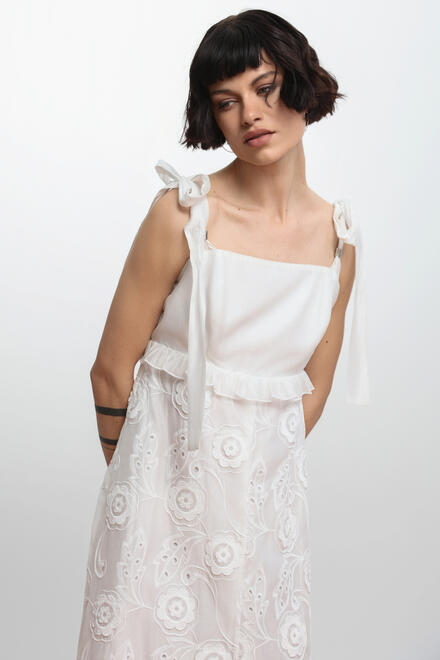 Maxi dress with broderie anglaise and tie straps ΕΖΖΕΑ - White S