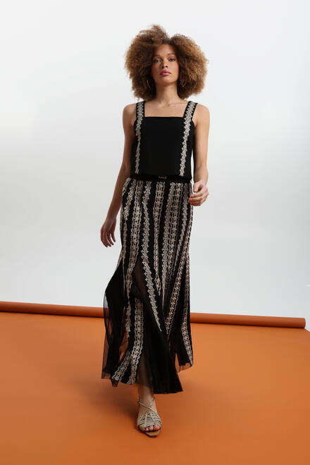 Long Tulle Skirt with Gold Motifs - Black S/M