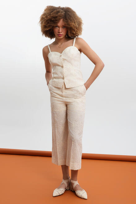 100% Cotton Embroidered Trousers ΕΖΖΕΑ - Beige S