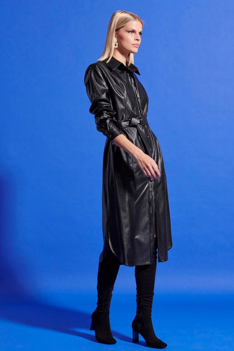 Belted leather effect dress - Black S