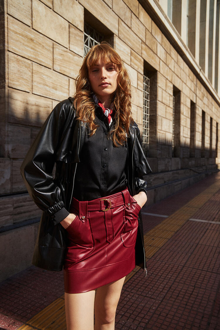 Red leather mini skirt sale
