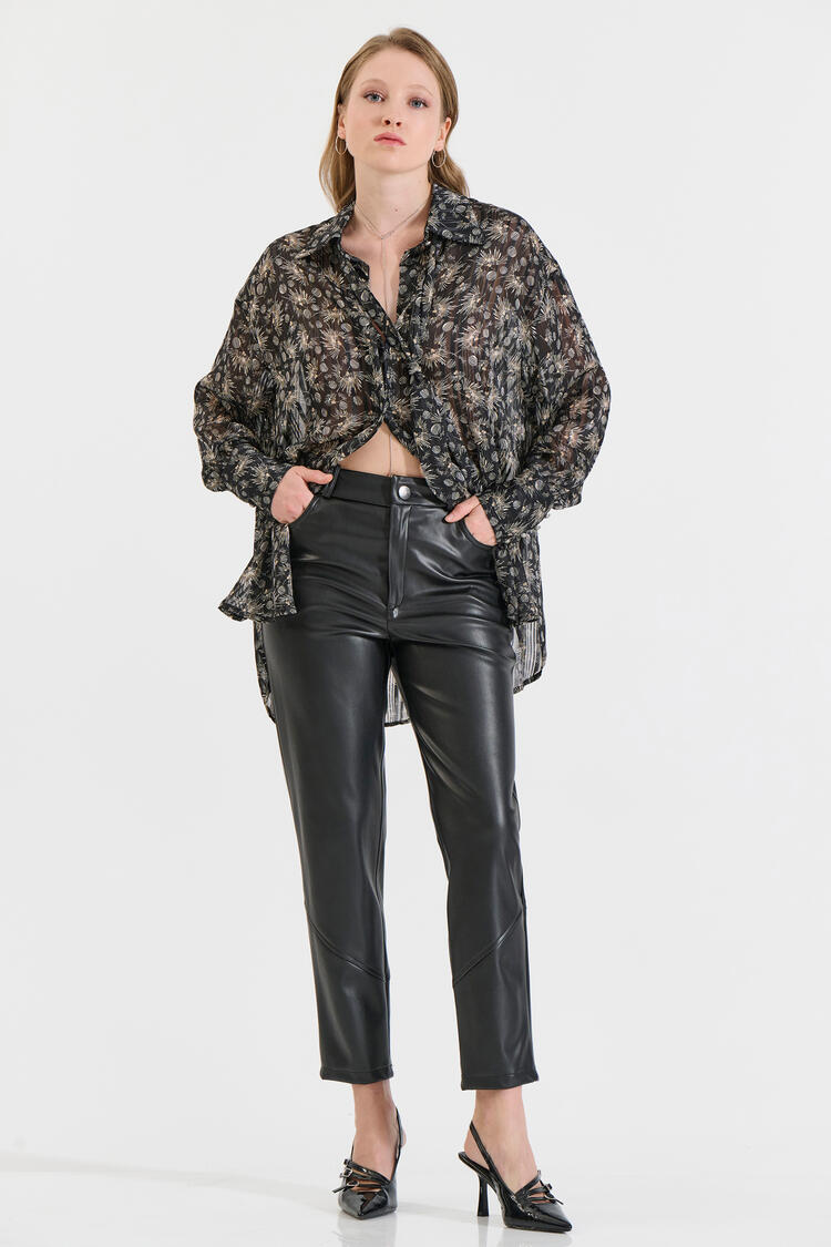 Five-Pocket Faux Leather Pants - Black XXL